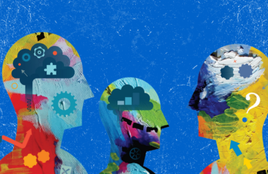 Abstract image with three heads filled with different images to describe the thinking process of different consumers through the lenses of behavioral economics